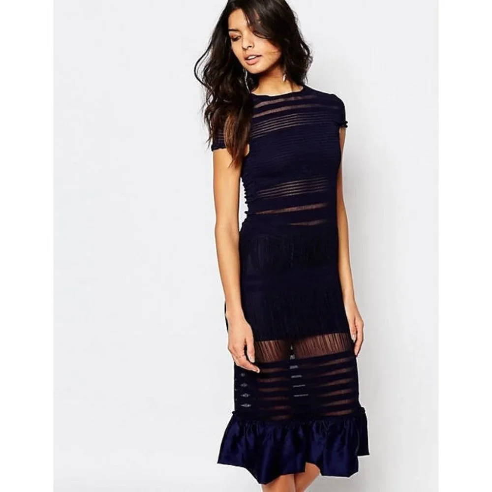 NWOT - foxiedox Navy Sheer Striped Midi Dress - Picture 1 of 8